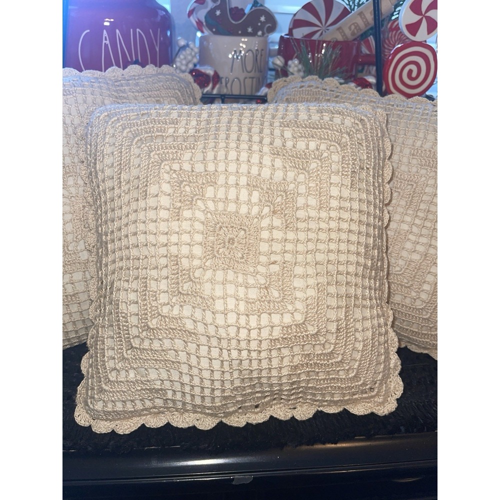 Vintage Square Beige‎ Crochet Pillows 10" X 10" Set Of 3 - Picture 4 of 7